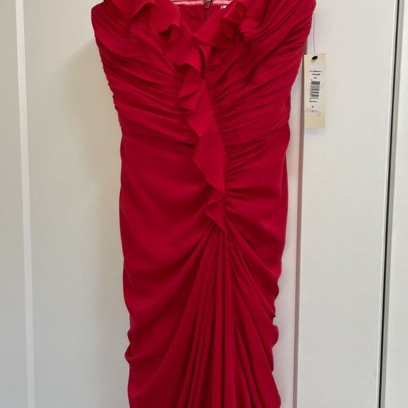 Badgley Mischka Strapless Red Silk Ruched Sides Formal Prom Gown NWT 8 - Picture 4 of 14
